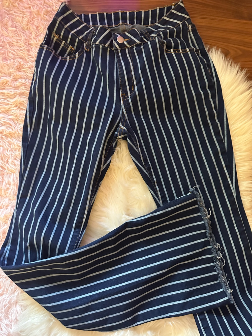 SHEIN Navy Blue Striped Flare Jeans